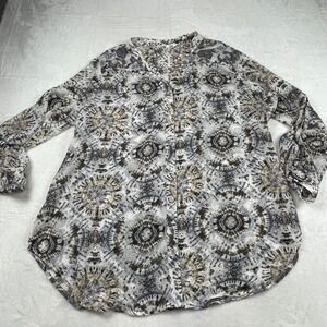 Hope Springs Womens XXL Mixed Print Boho Button Up Blouse Gray Floral Medallion